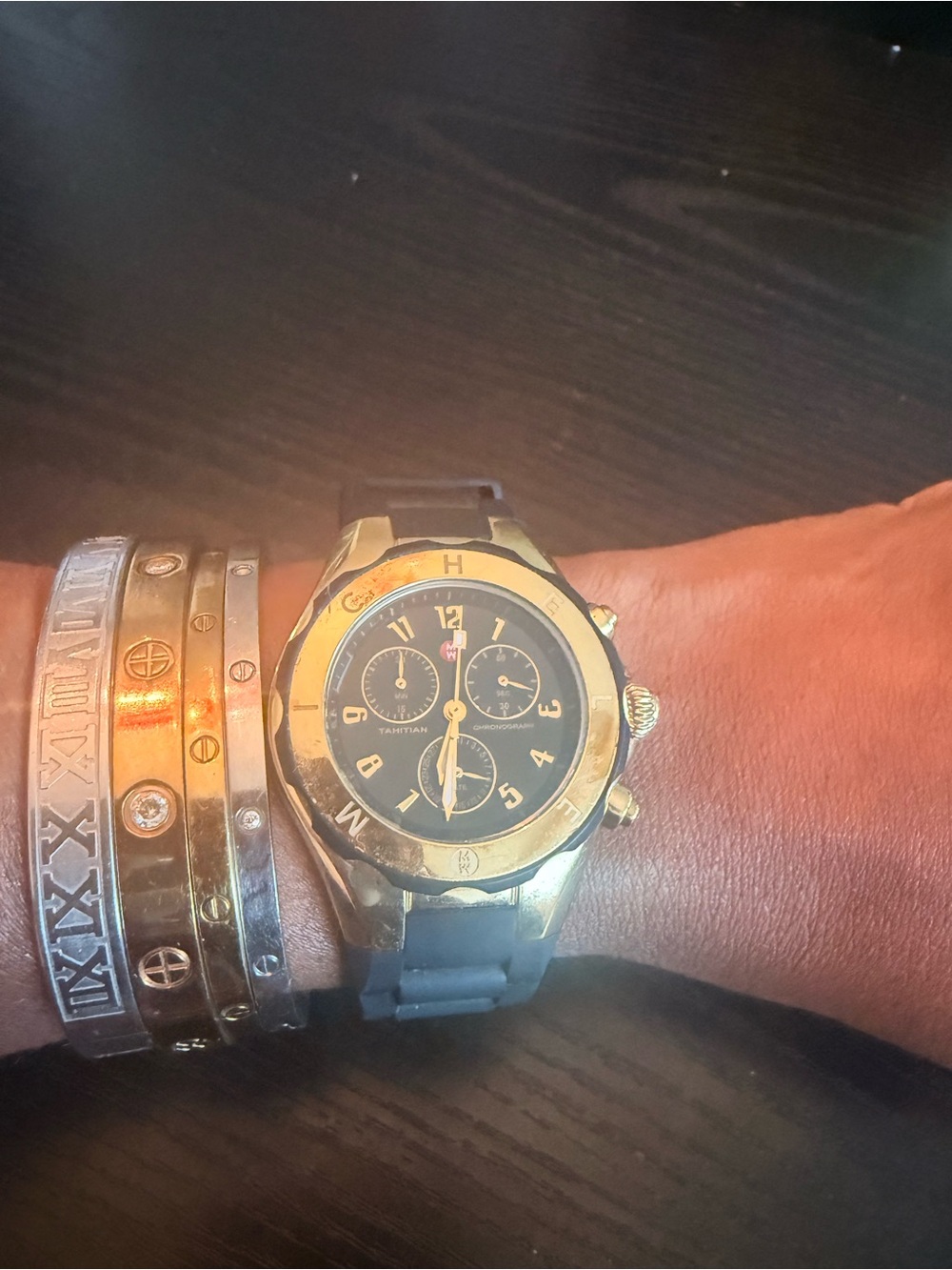 Gold and Black Michele Chronograph Watch with Black Strap Authentic